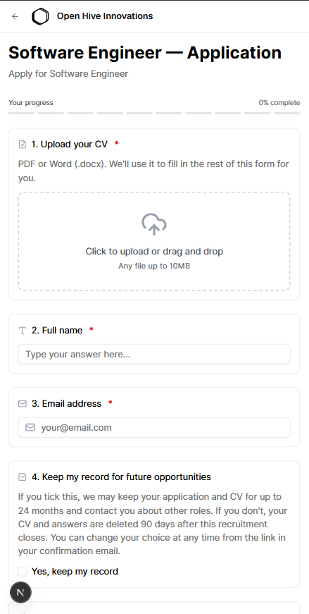 The mobile application form for a Software Engineer role, starting with a CV upload