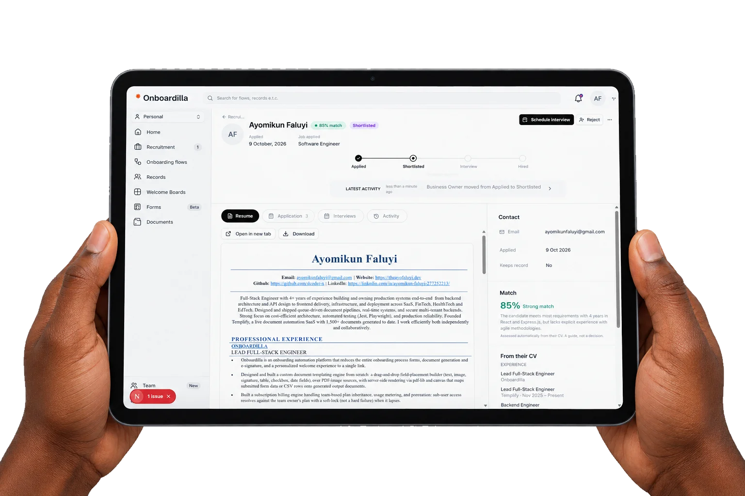 Onboardila recruitment dashboard showing a candidate's resume and 85% match score