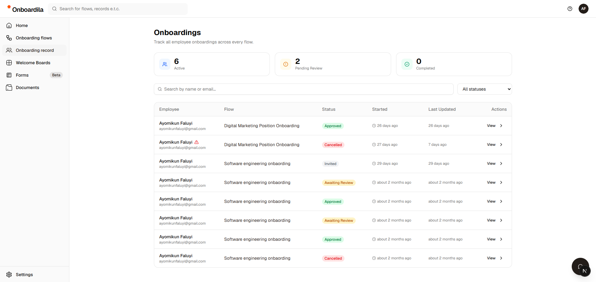 Onboarding records and their status