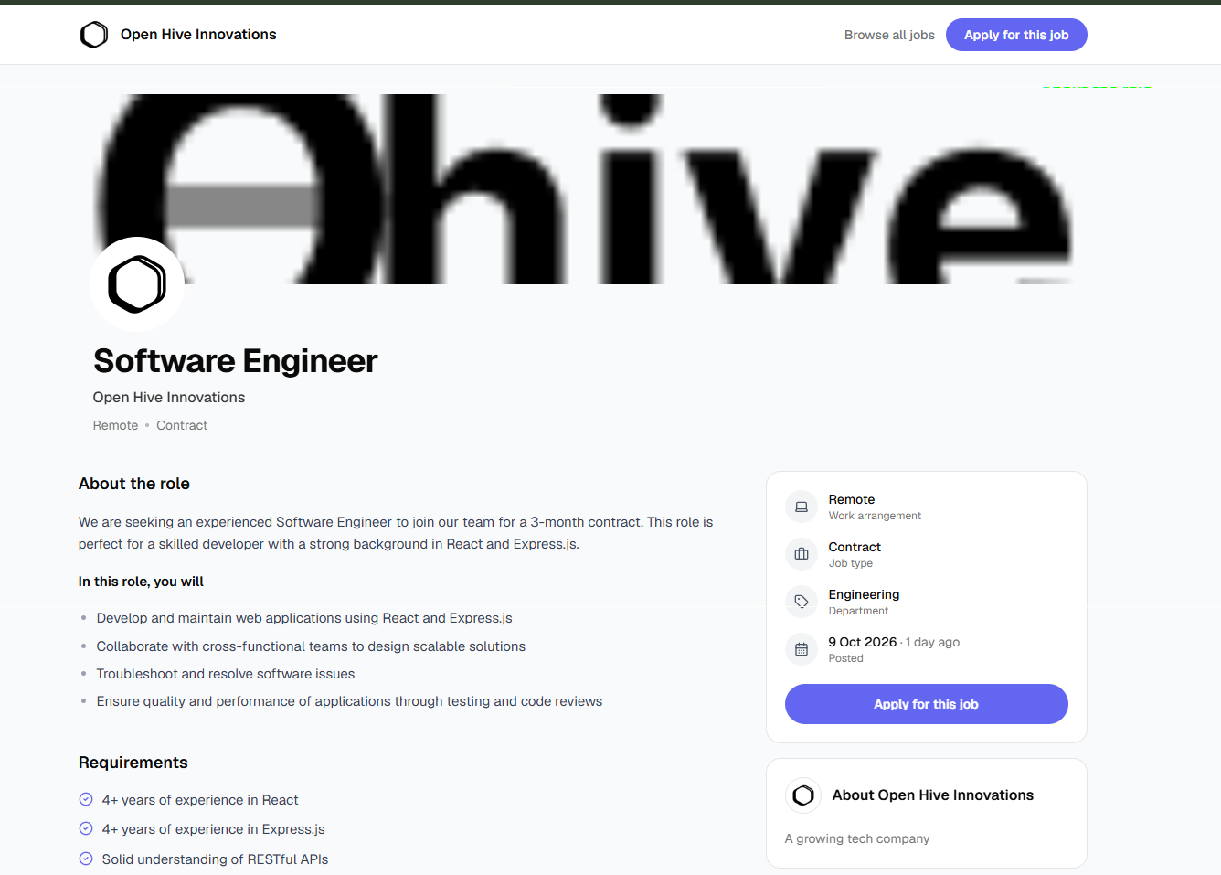 A branded job page for a Software Engineer role